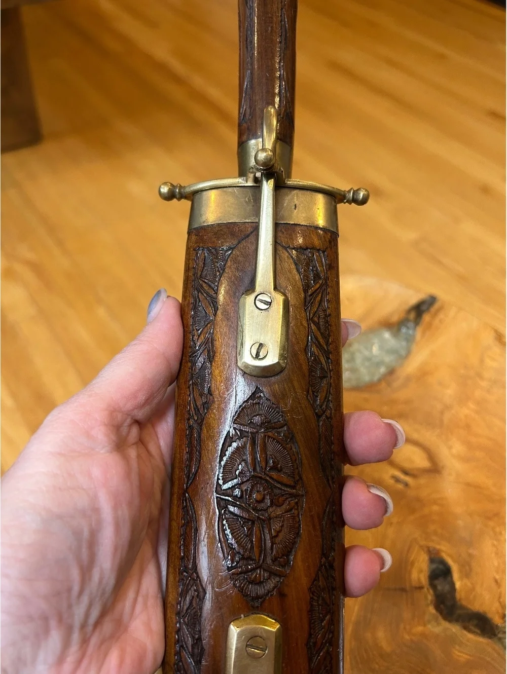 Old Meat Carving Set w/ Brass and Wood Carved Handles and Knife and Fork Stand